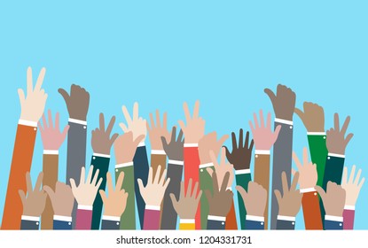 Vector of hand of people shows the gesture of victory on blue background.