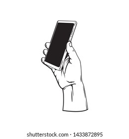 Vector hand with phone, vector hand drawn sketch illustration isolated on white background