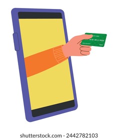 Vector Hand from phone extends plastic bank card for payment Flat style