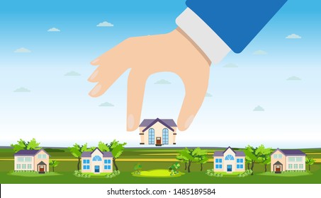 Vector of a hand picking up a house. Property for sale, real estate concept