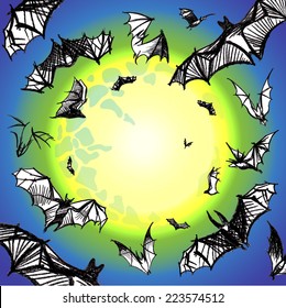 Vector hand pictured charcoal grunge bats flying in night near the big yellow moon