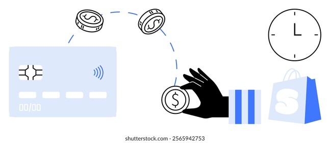 Vector of a hand placing coins into a credit card, indicating a payment process. Includes a clock and shopping bag. Ideal for online shopping, e-commerce, payment systems, financial management