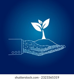 vector hand planting trees showing environmental protection symbols saving the earth looking at the environment polygon with gradient dark blue screen blue background illustration vector background