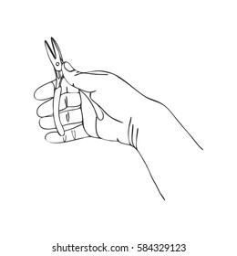 vector hand with pliers, hand drawn line illustration