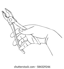vector hand with pliers, hand drawn line illustration