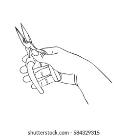 vector hand with pliers, hand drawn line illustration