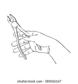 vector hand with pliers, hand drawn line illustration
