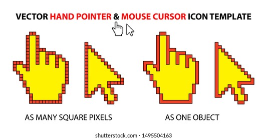Vector Hand Pointer and Mouse Cursor Icon Template. Pixel cursors icons, mouse hand and arrow. Vector Illustration