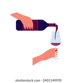 Vector hand pours a glass of red wine flat illustration. Wine tasting vector illustration