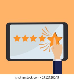 Vector of hand press the button star shape in tablet. Rating  the orange five star in the tablet for good review. review concept.