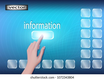 Vector. Hand presses the button. Obtaining information. Choice to know.