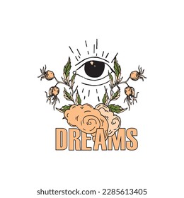 Vector hand print. Eye, inscription, flowers, clouds. Sketch and line illustration. Vintage.