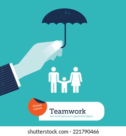 Vector hand protecting a family with an umbrella. Vector illustration Eps10 file. Global colors. Text and Texture in separate layers.