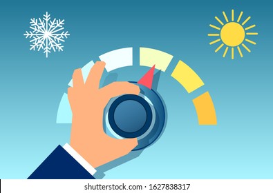 Vector Of A Hand Rotating The Thermostat. Illustration Of An Climate Control Regulator. 