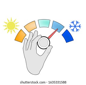 Vector of a hand rotating the thermostat. Illustration of an climate control regulator. 