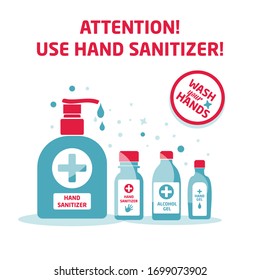 Vector hand sanitizer symbol, alcohol bottle for hygiene, isolated on white, sign and icon template, medical illustration.