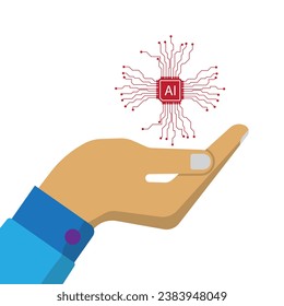 Vector hand save artificial intelligence processor, futuristic electronic robotic brain develop, big data machine learning innovation, computer science technology system, flat style with copy space