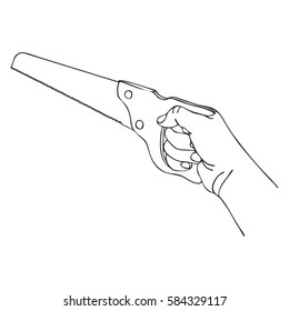 vector hand with saw, hand drawn line illustration