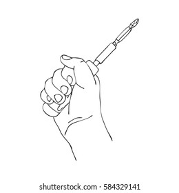 vector hand with screwdriver, hand drawn line illustration
