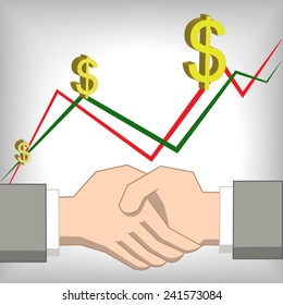 vector hand shake business currency rising graph  teamwork dollars on blue background EPS 10