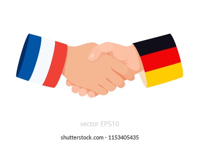 Vector hand shake of French and German political leaders. Isolated icon of meeting and talks between Germany and France. Two hands of European politicians. Sleeves are decorated by tricolor flags.