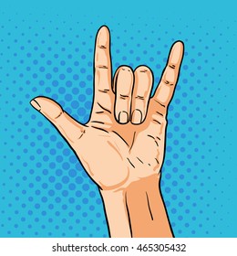 Vector hand shoving rock gesture. Illustration in pop art comic style