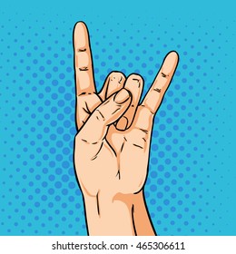 Vector hand shoving rock gesture. Illustration in pop art comic style