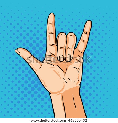 Vector hand shoving rock gesture. Illustration in pop art comic style