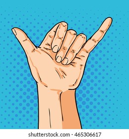 Vector hand shoving shaka gesture. Illustration in pop art comic style