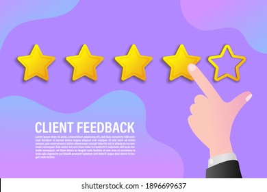 Vector Hand showing in four star brilliant ratings on a purple background. Customer Experience Concept. 