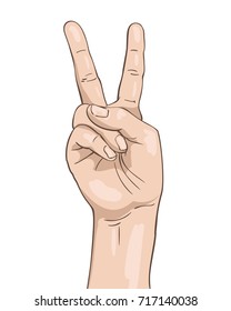 Vektorhand zeigt Siegeszeichen Zwei Finger, Illustration im Retrostil, einzeln auf weißem Hintergrund