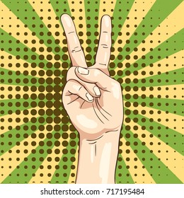 Vector Hand Shows Victory Sign Two Fingers, Illustration In Sketch Retro Style Isolated On Pop Art Background Of Rays And Halftone Dots