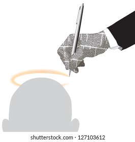 Vector hand silhouette of newspaper columns texture with pen that draws nimbus. All texts are unreadable.