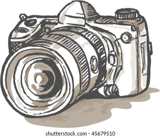 vector hand sketch drawing illustration of a digital SLR camera