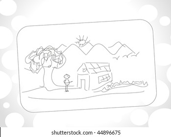 vector hand sketch illustration of cartoon house in the forest