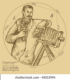 vector Hand sketch illustration of Vintage Photographer holding video camera made to look like it was done by a Renaissance  artist.