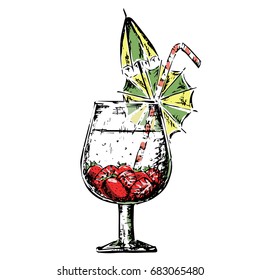 Vector hand sketched cocktail with strawberry and umbrellas