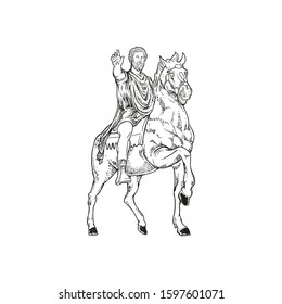 vector hand sketched, drawn vector illustration of a Roman emperor soldier riding horse.