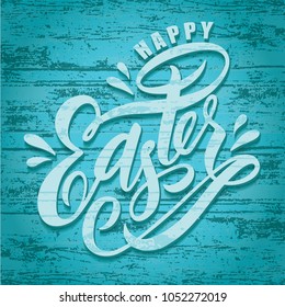 Vector Hand sketched Happy Easter text as Pascha logotype, badge and icon on blue wood background. Drawn Resurrection Sunday postcard, card, invitation, poster, banner template lettering typography. 