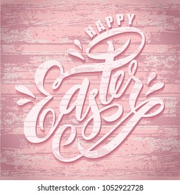 Vector Hand sketched Happy Easter text as Pascha logotype, badge and icon on blue wood background. Drawn Resurrection Sunday postcard, card, invitation, poster, banner template lettering typography. 