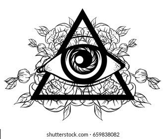 Vector hand sketched illustration. All seeing eye pyramid symbol with flowers. New World Order. Hand drawn Eye of Providence. Alchemy, religion, tattoo art. Template for poster, print for t-shirt.