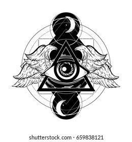 Vector hand sketched illustration. All seeing eye pyramid symbol with wings. New World Order. Hand drawn Eye of Providence. Alchemy, religion,  tattoo art. Template for poster, print for t-shirt.