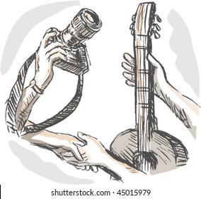 vector hand sketched illustration of Barter swapping hands with camera and guitar