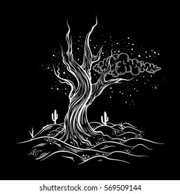 Vector hand sketched  illustration of  deserted landscape with dead tree.  Realistic artwork made in hand drawn style. Template for card ,poster , banner, print for t-shirt