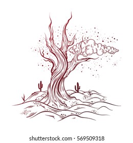 Vector hand sketched  illustration of  deserted landscape with dead tree.  Realistic artwork made in hand drawn style. Template for card ,poster , banner, print for t-shirt