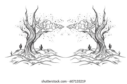 Vector hand sketched  illustration of  deserted landscape with dead tree.  Realistic artwork made in hand drawn style. Template for card ,poster , banner, print for t-shirt.