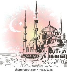 Vector Hand Sketched Illustration. Travel Greeting Card. Turkey,Istanbul, Blue Mosque or Sultanahmet Mosque