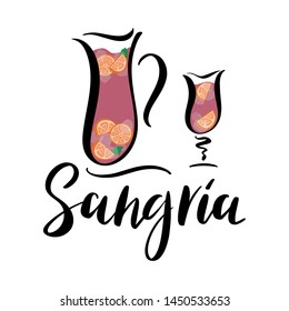 Vector hand sketched Jug and glass of Spanish wine drink Sangria with lettering. Modern illustration of summer traditional drink cocktail with fruits and ice. Typography poster, jug of Sangria drink. 