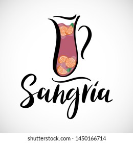 Vector hand sketched Jug of Spanish wine drink Sangria with lettering. Modern illustration of summer traditional drink cocktail with fruits and ice. Typography poster, jug of Sangria drink.  