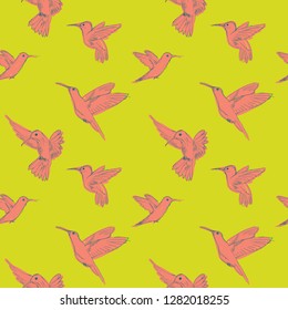 Vector hand sketched living coral hummingbirds seamless pattern on green background. Ideal for fabric, textiles, wallpaper and print on demand products.